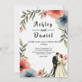 エレガント新郎新婦の水彩フローラ結婚 招待状 (正面)