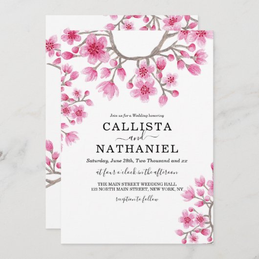 エレガント日本のさくらんぼフローラ結婚ズ 招待状 (正面/裏面)