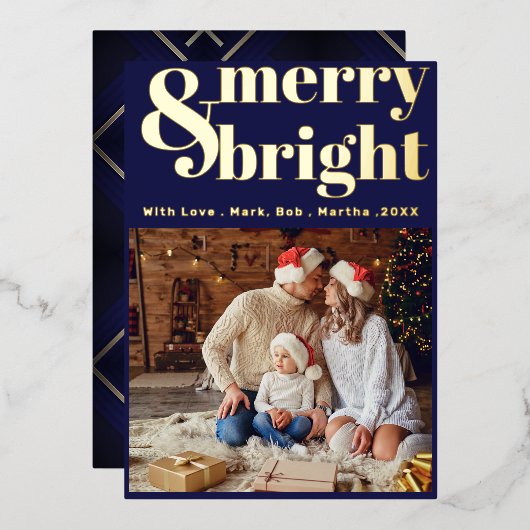 エレガント明るいメリータイポグラフィフォトクリスマス 箔シーズンカード (正面/裏面)