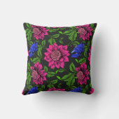 エレガント明るい赤紫色と青い花黒の背景 クッション (裏面)