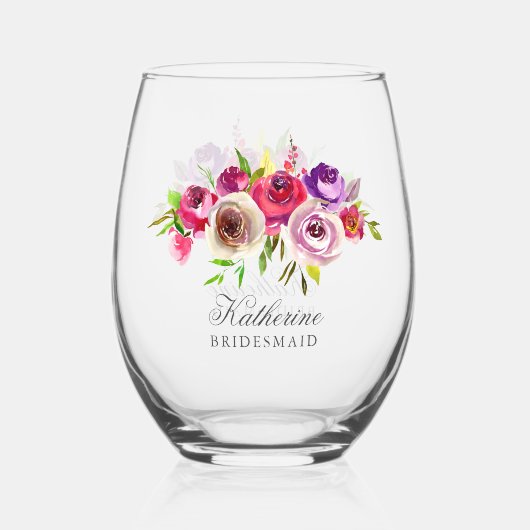 エレガント明るい赤紫色ピンクのフローラのブリデシュ結婚メイド ステムなしワイングラス (正面)