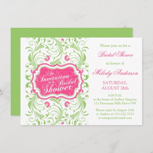 エレガント明るい赤紫色ピンクグリーンフローラブライダルシャワー 招待状 (正面/裏面)