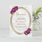 エレガント明るい赤紫色ピンクフローラ金ゴールドフレーム結婚ズ 招待状 (スタンド正面)