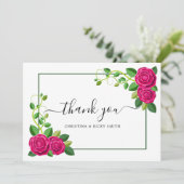エレガント明るい赤紫色ピンクローズブーケ結婚花 サンキューカード (スタンド正面)