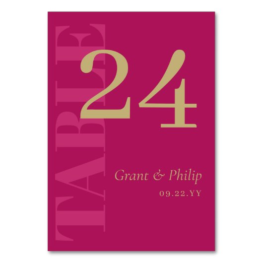 エレガント明るい赤紫色ピンク&金ゴールドタイポグラフィ テーブルナンバー (正面)