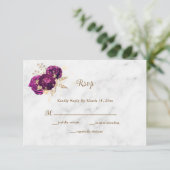 エレガント明るい赤紫色フローラ金ゴールドマーブル結婚ズ 出欠カード (スタンド正面)