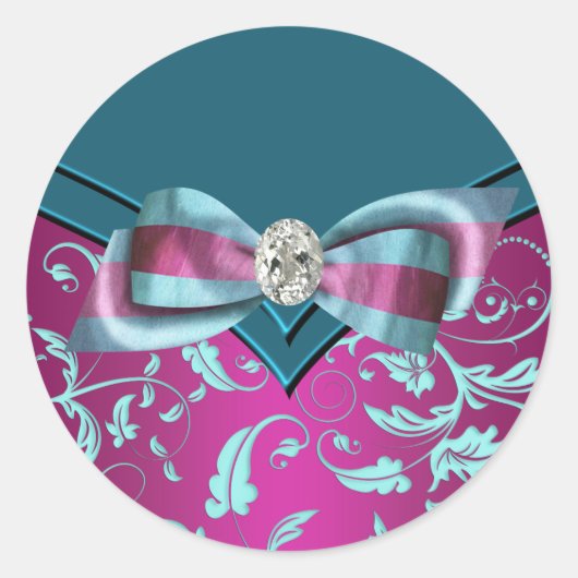 エレガント明るい赤紫色ホットピンクティール（緑がかった色）ブルーステッカー ラウンドシール (正面)
