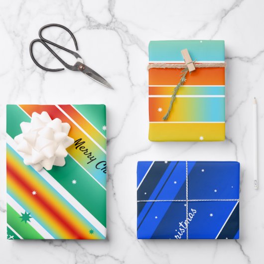 エレガント星とストライプカラフルのクリスマス ラッピングペーパーシート (正面)