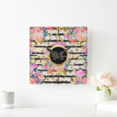 エレガント春の花ストライプデザイン スクエア壁時計 (ホーム)