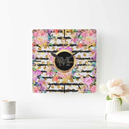 エレガント春の花ストライプデザイン スクエア壁時計 (ホーム)