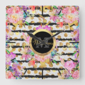 エレガント春の花ストライプデザイン スクエア壁時計 (正面)