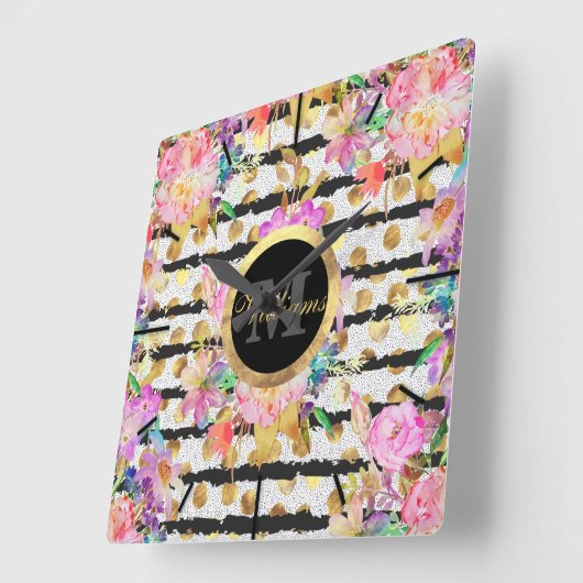 エレガント春の花ストライプデザイン スクエア壁時計 (傾斜)