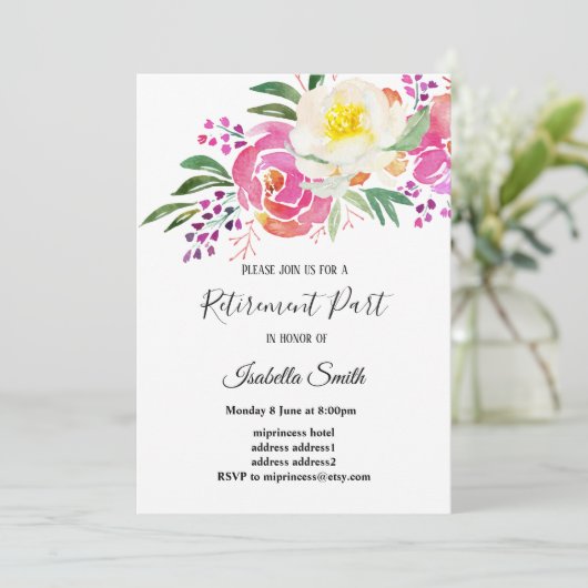 エレガント春の花ピンクフローラ退職 招待状 (スタンド正面)