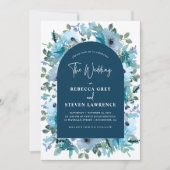エレガント春ほこりっぽい青結婚白い花 招待状 (正面)