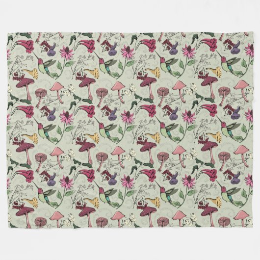 エレガント春ガーデンハミングバード&フラワーズ フリースブランケット (正面(横))