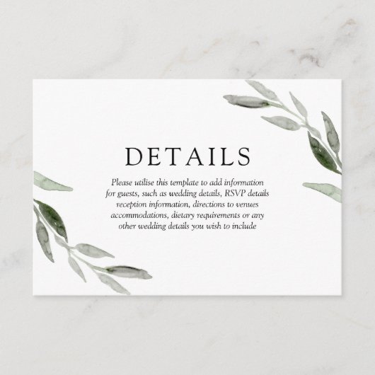 エレガント春サマーグリーンリーフ結婚の詳細 エンクロージャーカード (正面)