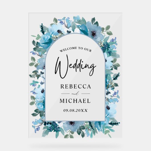 エレガント春ダスティブルーフローラ結婚の歓迎 アクリルサイン (正面)