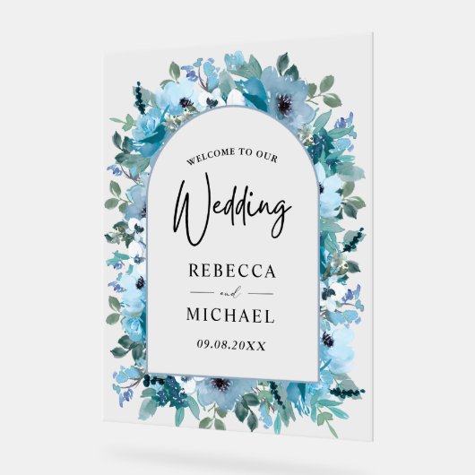 エレガント春ダスティブルーフローラ結婚の歓迎 アクリルサイン (傾斜)