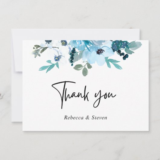 エレガント春ダスティ青フローラ結婚ズ サンキューカード (正面)
