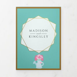 エレガント春フローラ結婚ティール（緑がかった色）ズFab 三つ折り招待状