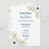 エレガント春ブルー&ホワイトフローラブライダルシャワー 招待状 (正面/裏面)