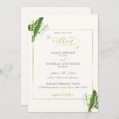 エレガント春リリー・オブ・ザ・バレー・金ゴールド結婚ズ 招待状 (正面/裏面)