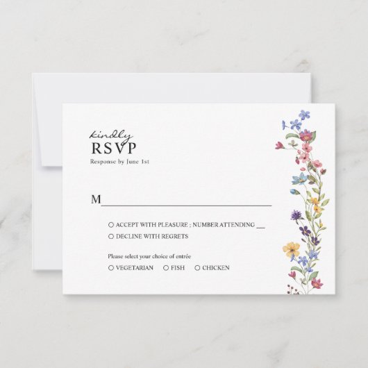 エレガント春ワイルドフラワーフローラ庭園の結婚式 出欠カード (正面)
