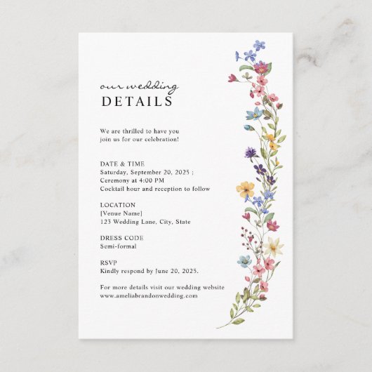 エレガント春ワイルドフラワー庭園の結婚式詳細 エンクロージャーカード (正面)