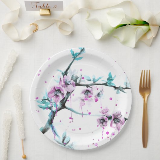 エレガント春咲きピンクフローラ水色 ペーパープレート (ウェディング)