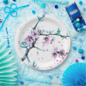 エレガント春咲きピンクフローラ水色 ペーパープレート (パーティー)