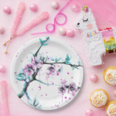 エレガント春咲きピンクフローラ水色 ペーパープレート (パーティー)