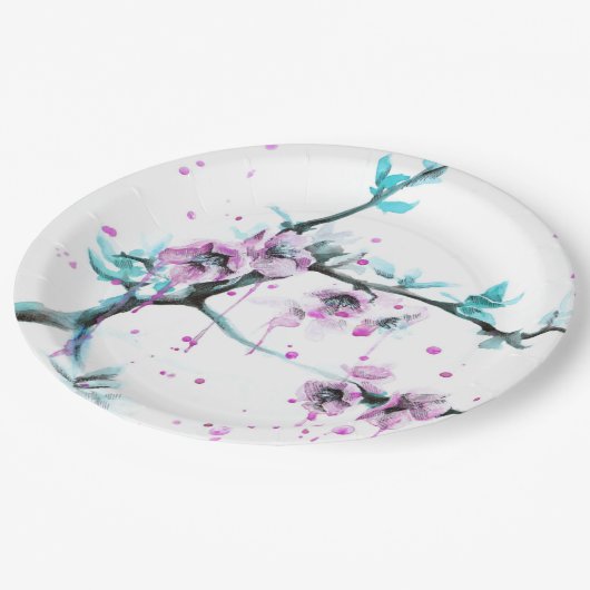 エレガント春咲きピンクフローラ水色 ペーパープレート (アングル)