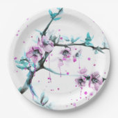 エレガント春咲きピンクフローラ水色 ペーパープレート (正面)