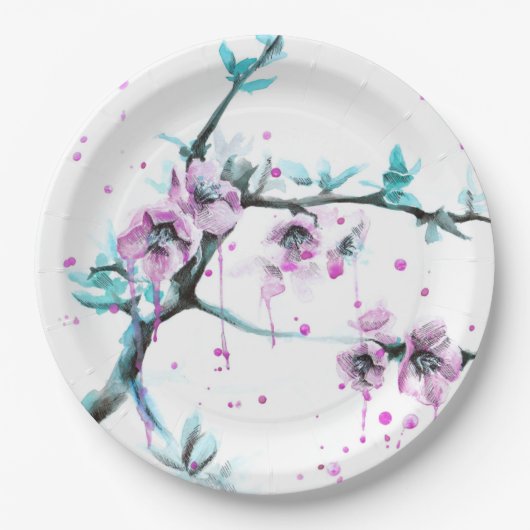 エレガント春咲きピンクフローラ水色 ペーパープレート (正面)