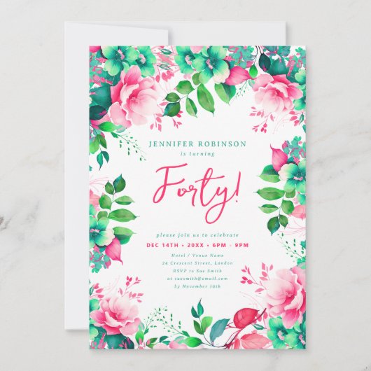 エレガント春水彩フローラ40歳の誕生日 招待状 (正面)