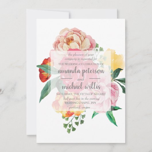 エレガント春牡丹葉と花結婚類 招待状 (正面)