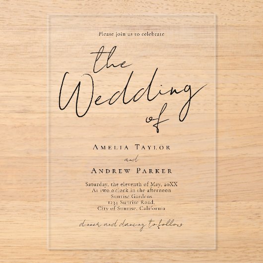 エレガント書シンプル字フォーマル結婚の アクリル招待状 (正面)