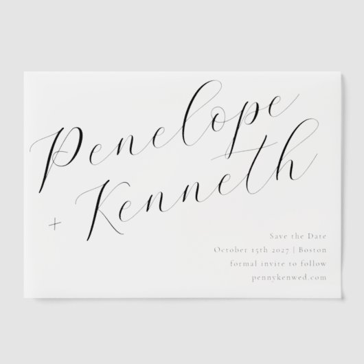 エレガント書スタイリッシュ書結婚白 ベラム紙招待状 (正面)