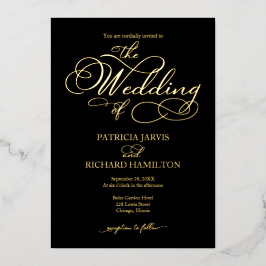 エレガント書結婚の黒金ゴールド 箔招待状 (正面)