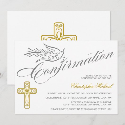 エレガント書道の十字と鳩の確認 招待状 (正面/裏面)