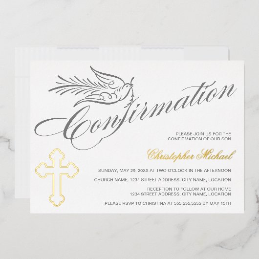 エレガント書道の十字と鳩の確認 箔招待状 (封筒)