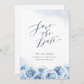 エレガント書道の埃の多い青いフローラ結婚の セーブザデート (正面/裏面)