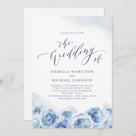 エレガント書道の埃の多い青いフローラ結婚の 招待状 (正面/裏面)