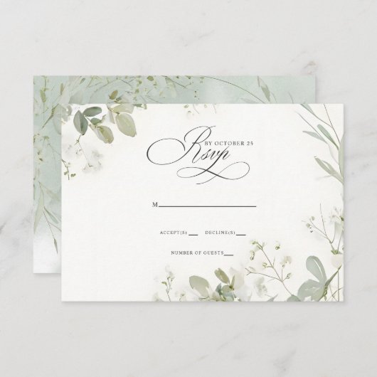 エレガント書道の緑のユーカリ結婚プス 出欠カード (正面/裏面)
