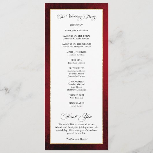 エレガント書道の赤と金ゴールド結婚の プログラム (裏面)