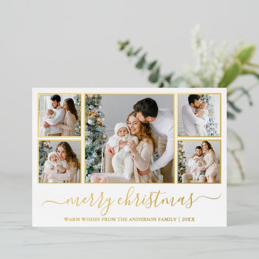 エレガント書道クリスマス5フォトフレーム金ゴールド 箔シーズンカード (立ち正面)