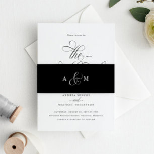 エレガント書道スクリプ結婚トLuxury's Black 招待状ベリーバンド