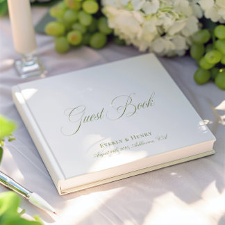 エレガント書道ホワイト&セージ結婚グリーン ゲストブック
