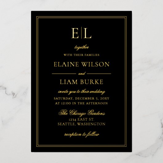エレガント書道ラックスブラック金ゴールド結婚ズフォイル 箔招待状 (正面)