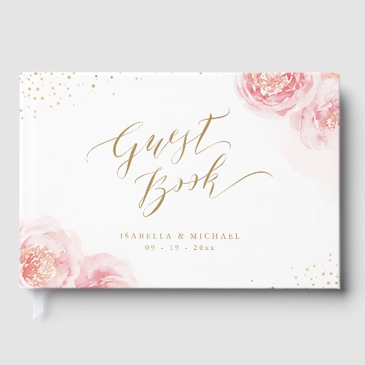 エレガント書道金ゴールドと赤面フローラ結婚の ゲストブック (正面)